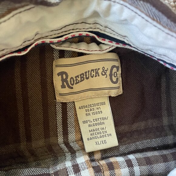 Roebuck & Co Flannel Vintage Men XL Western Rockabilly Brown Plaid Elbow patches - Picture 5 of 8